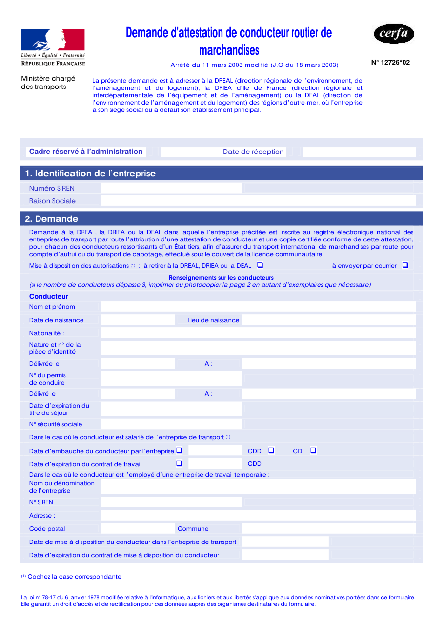 Page 1 du formulaire cerfa 12726 — Demande d'attestation de conducteur routier de marchandises