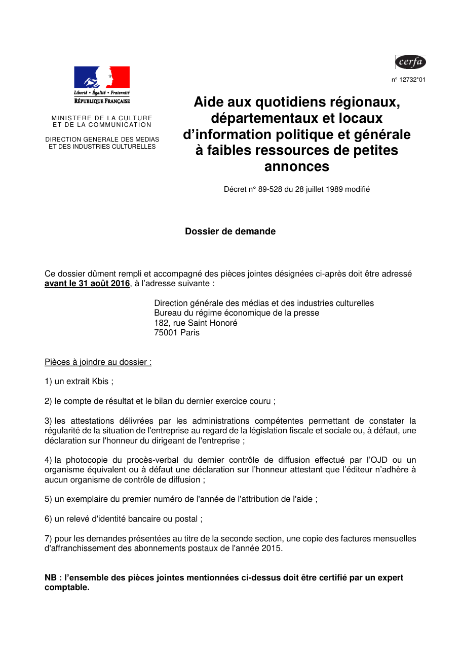 Page 1 du formulaire cerfa 12732 — Aide aux quotidiens régionaux, départementaux et locaux d'information politique et générale à faibles ressources de petites annonces
