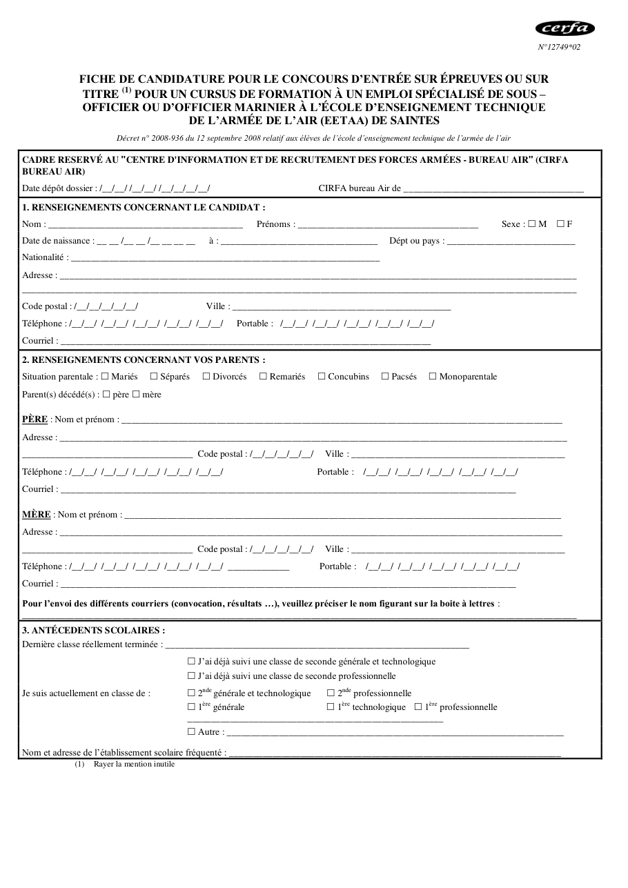 Page 1 du formulaire cerfa 12749 — Fiche de candidature pour le concours d'entrée sur épreuves ou sur titre à l'École