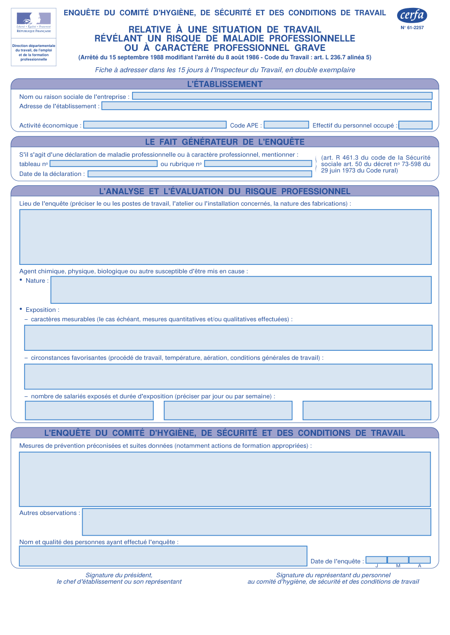 Page 1 du formulaire cerfa 12760 — Relative à une situation de travail révélant un risque de maladie professionnelle ou à caractère professionnel