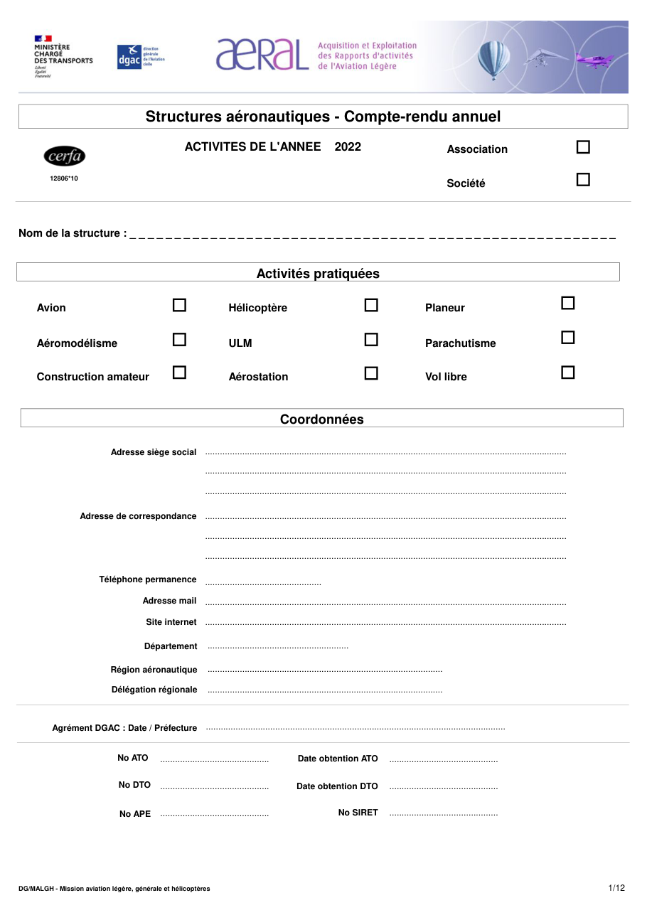Page 1 du formulaire cerfa 12806 — Structures aéronautiques, compte-rendu annuel
