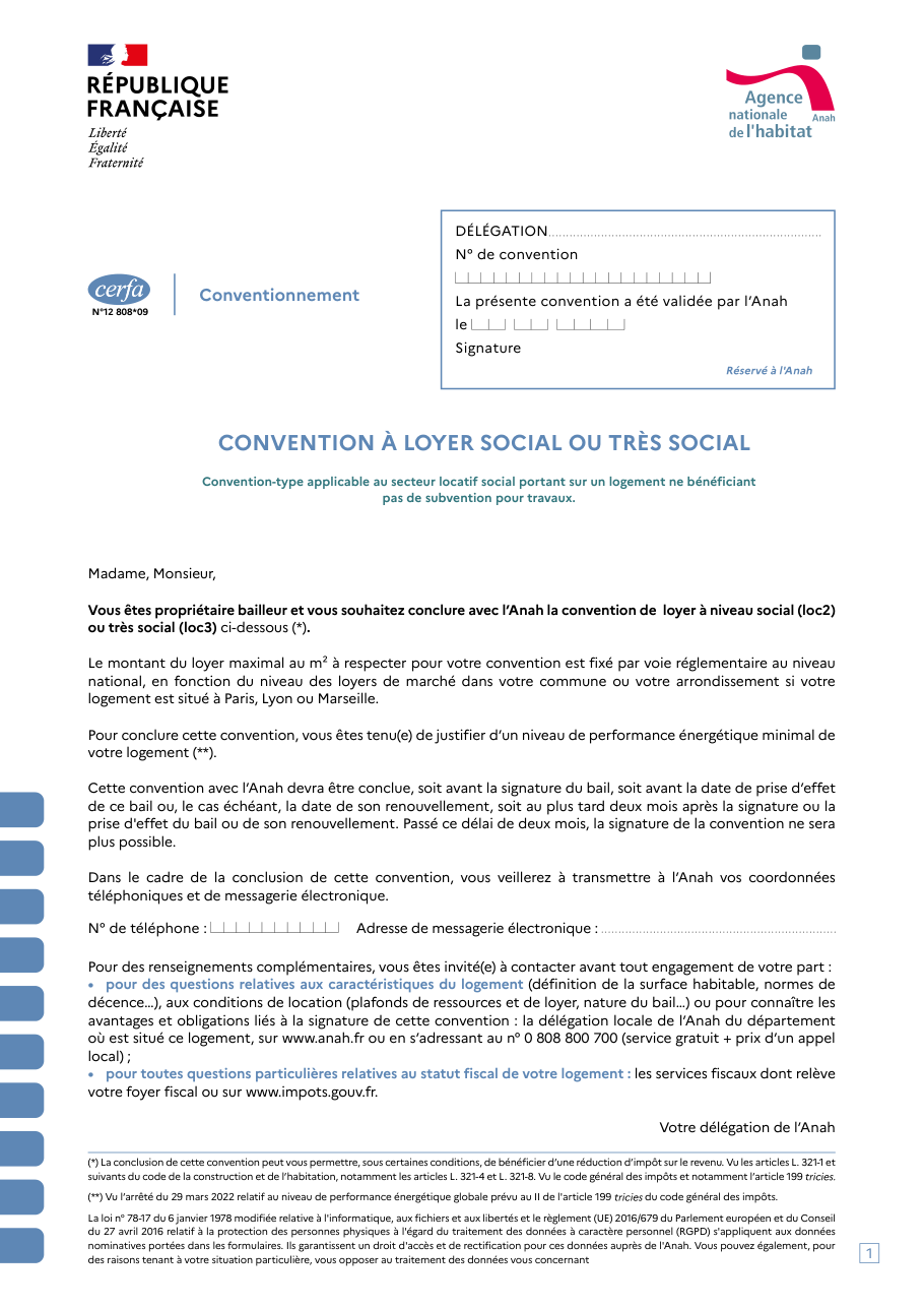 Page 1 du formulaire cerfa 12808 — Convention à loyer social ou très social (Anah)