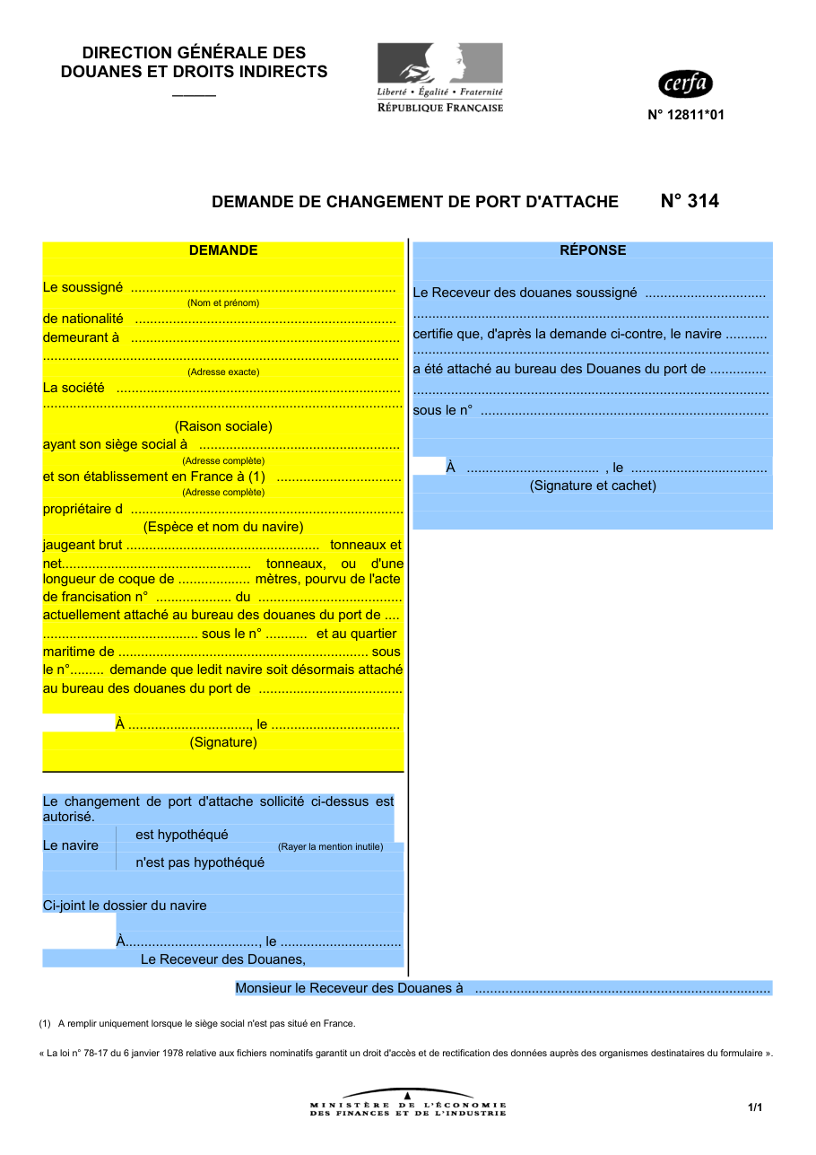 Page 1 du formulaire cerfa 12811 — Demande de changement de port d’attache