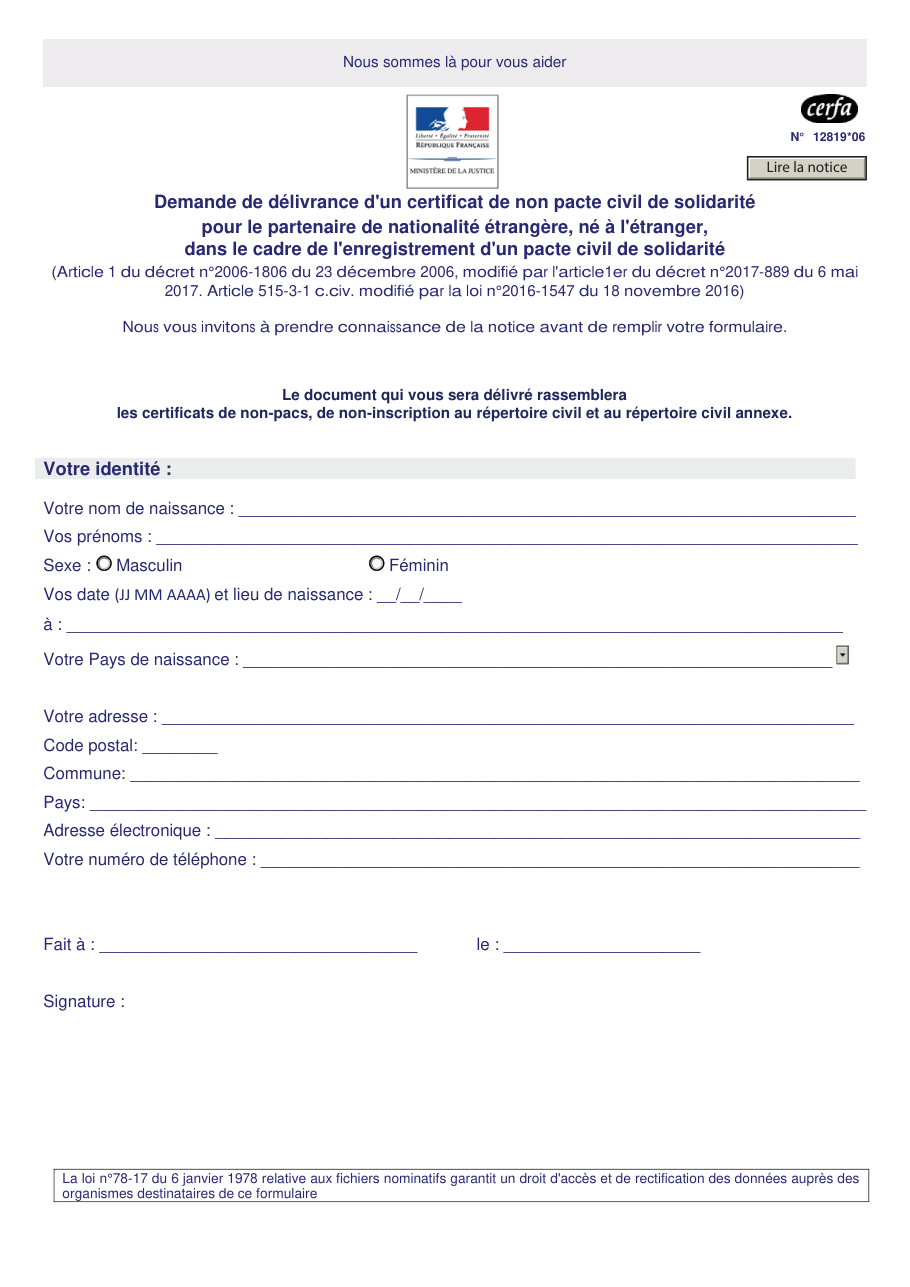 Page 1 du formulaire cerfa 12819 — Demande de délivrance d'un certificat de non-Pacs pour le partenaire de nationalité