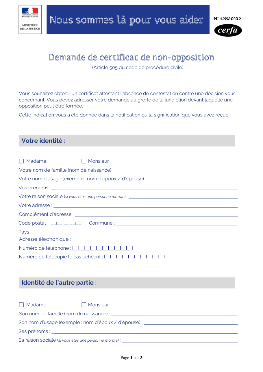 Page 1 du formulaire cerfa 12820 — Demande de certificat de non-opposition