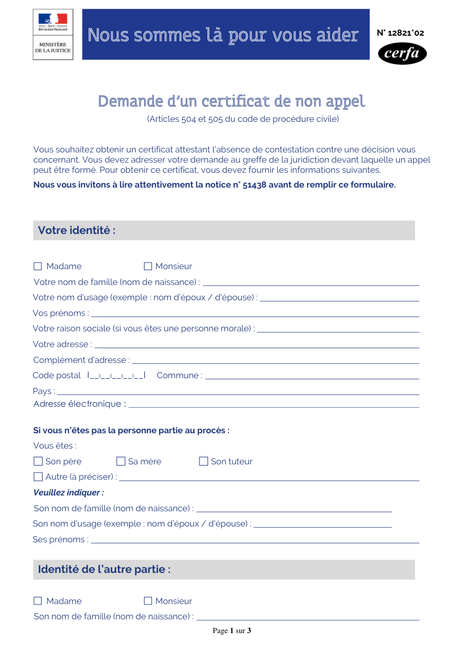 Page 1 du formulaire cerfa 12821 — Demande d’un certificat de non appel