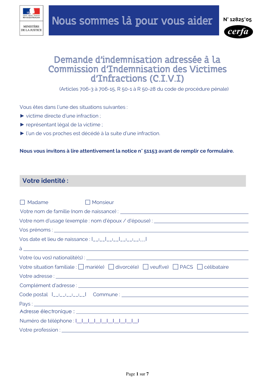 Page 1 du formulaire cerfa 12825 — Demande d'indemnisation des victimes d'infractions (CIVI)