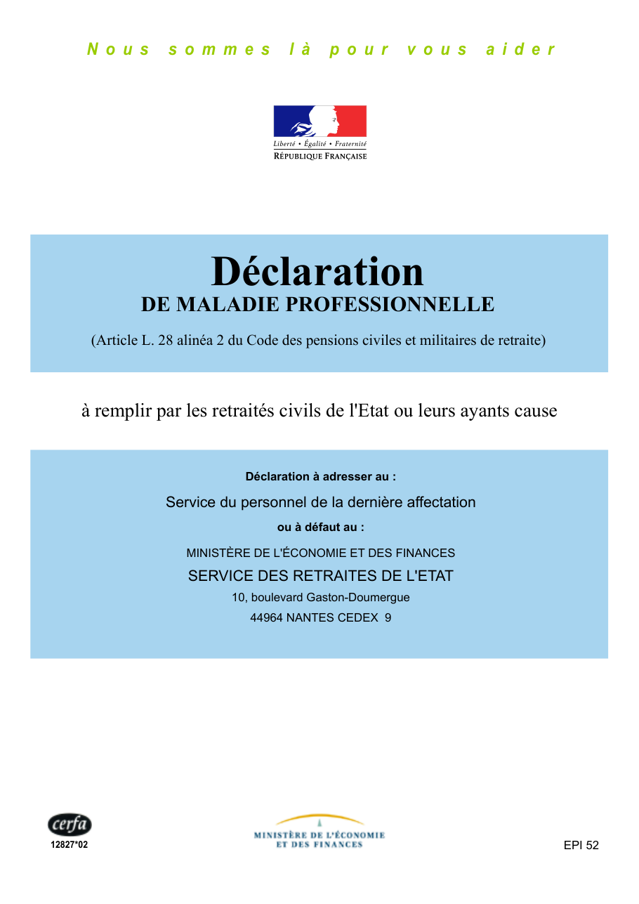 Page 1 du formulaire cerfa 12827 — Déclaration de maladie professionnelle (retraités civils de l'État)