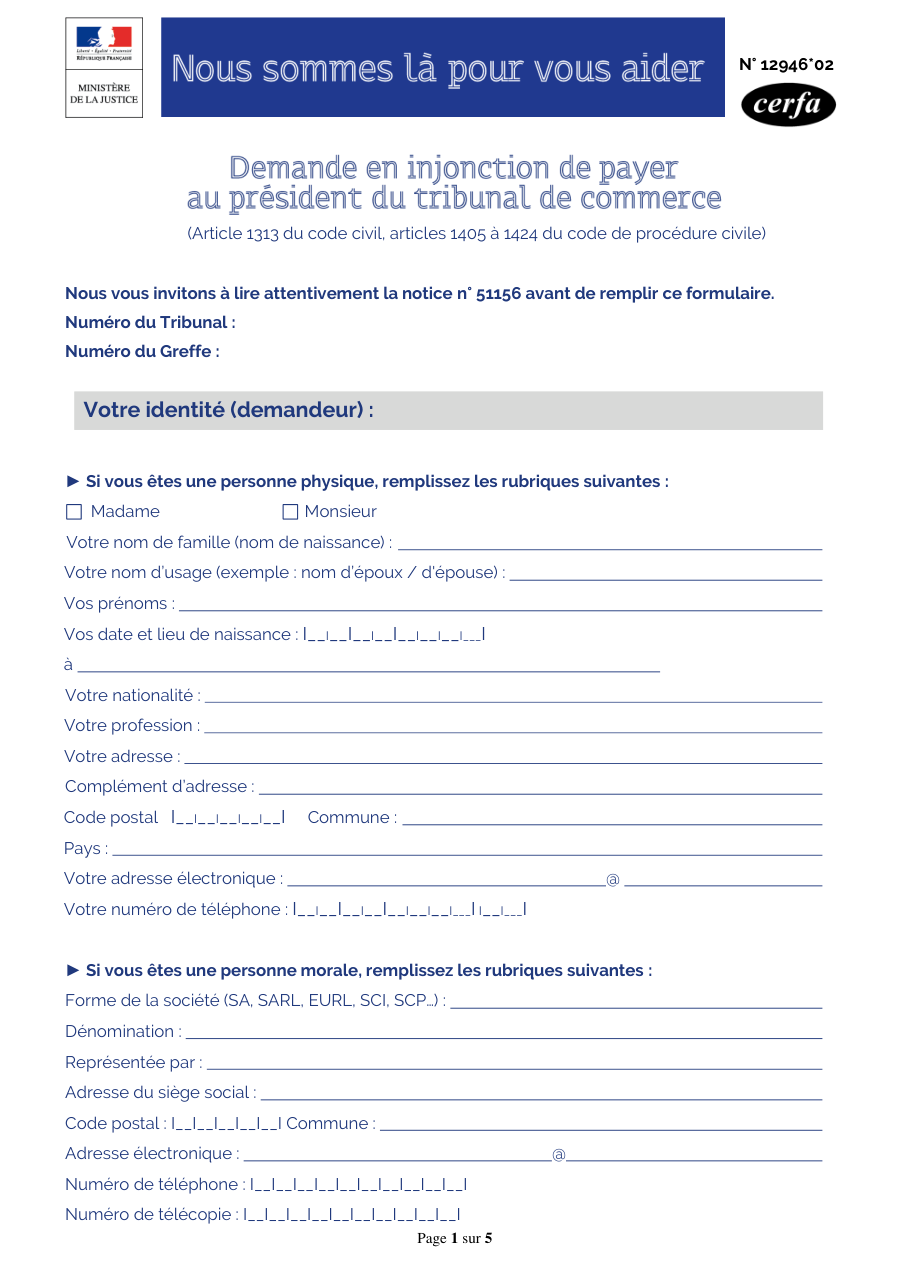 Page 1 du formulaire cerfa 12946 — Demander une injonction de payer au tribunal de commerce