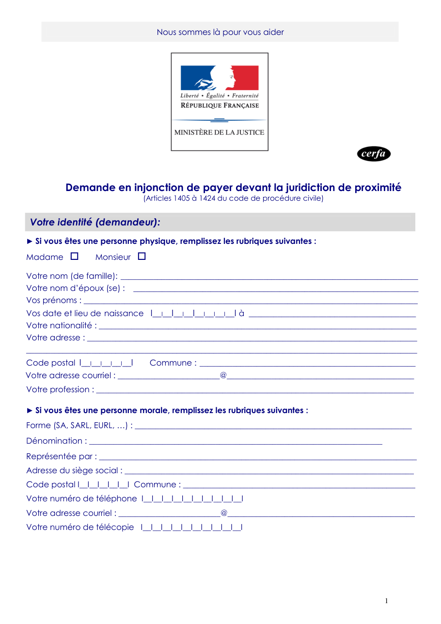 Page 1 du formulaire cerfa 12947 — Demande en injonction de payer devant la juridiction de proximité