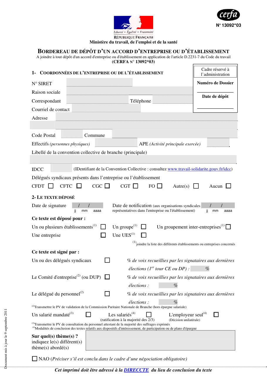 Page 1 du formulaire cerfa 13092 — Bordereau de dépôt d’un accord d’entreprise ou d’établissement