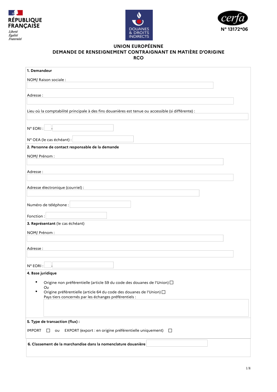 Page 1 du formulaire cerfa 13172 — Demande de renseignement contraignant en matière d'origine (RCO)