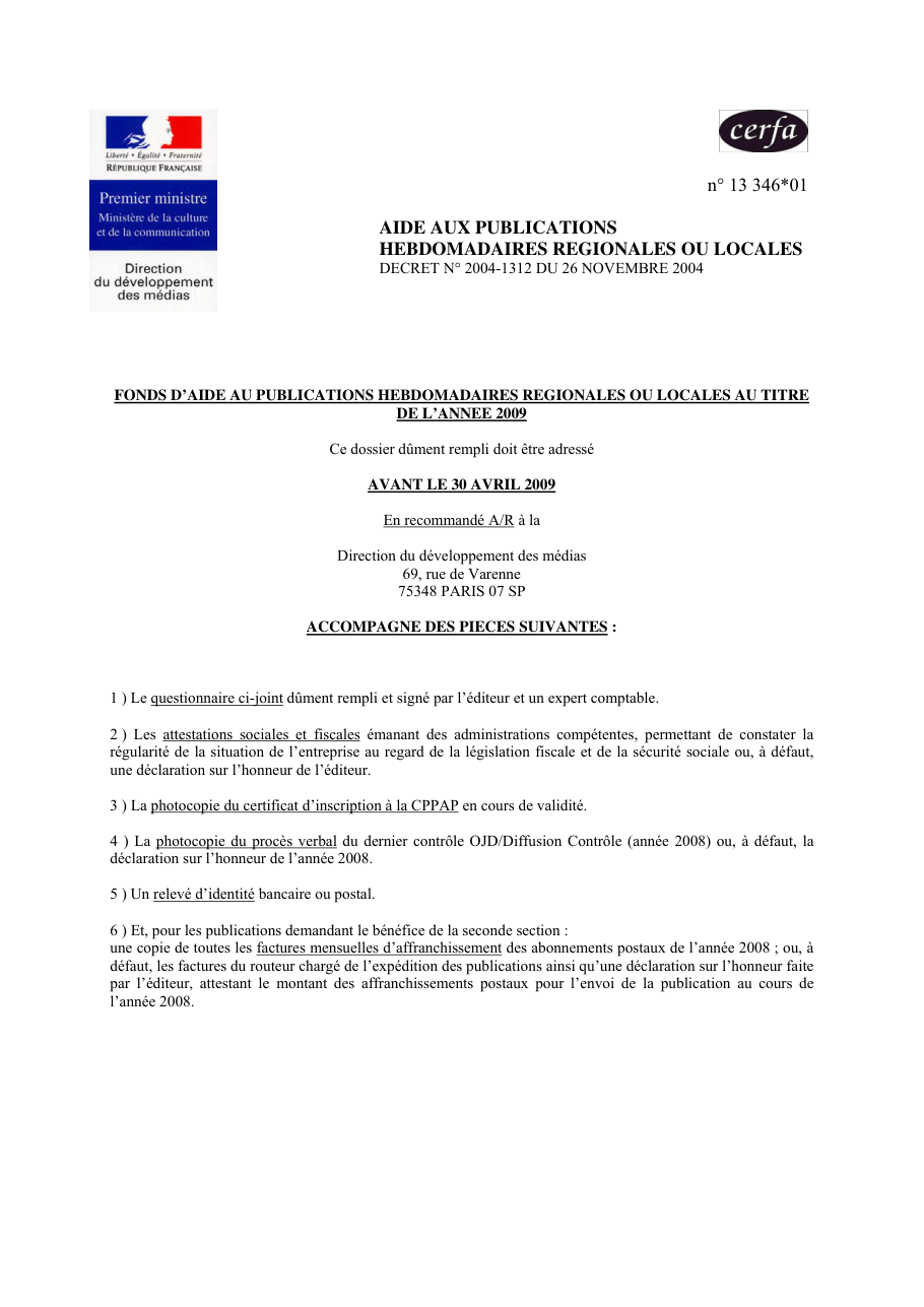 Page 1 du formulaire cerfa 13346 — Aide aux publications hebdomadaires régionales ou locales
