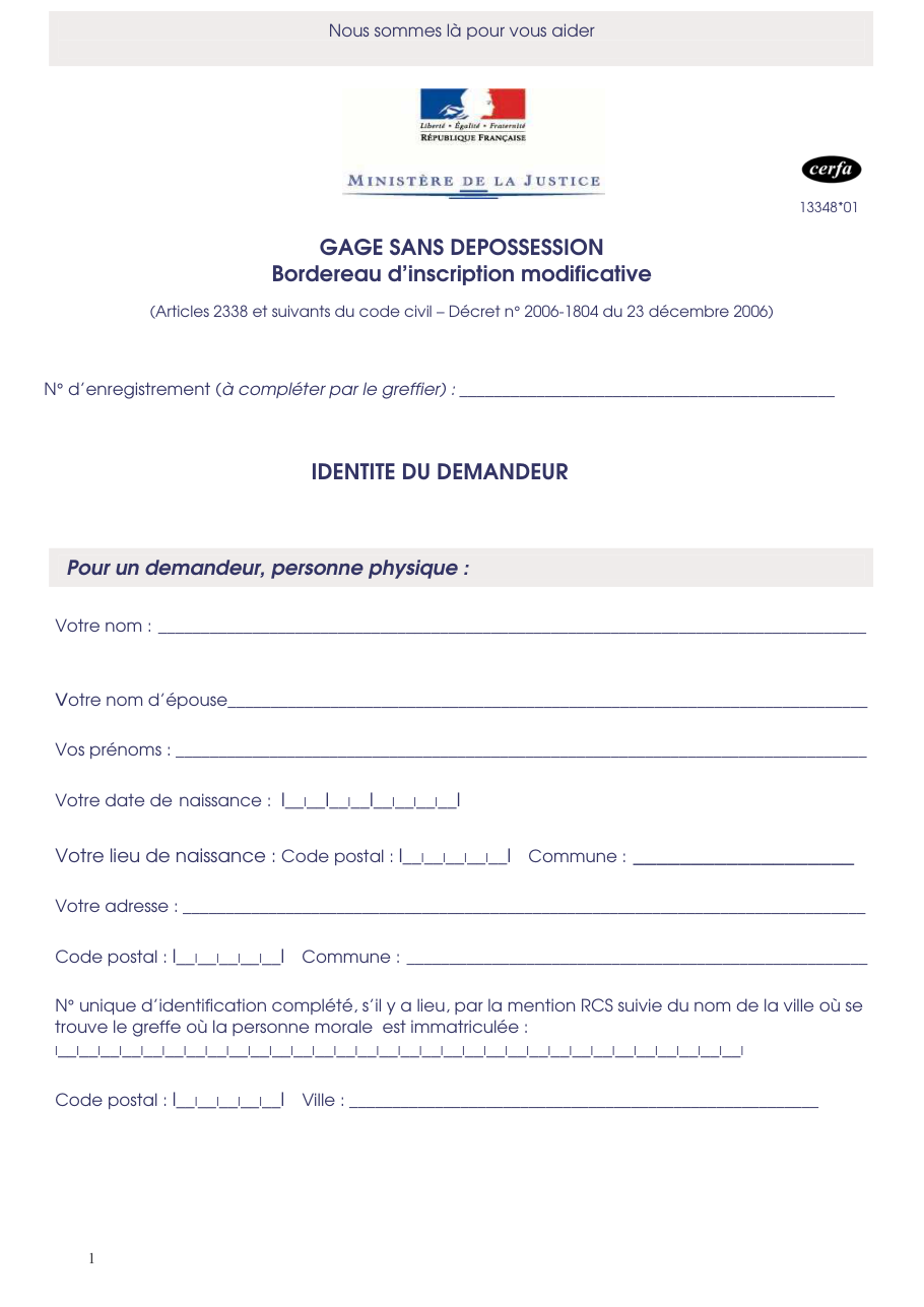 Page 1 du formulaire cerfa 13348 — Gage sans dépossession — bordereau d'inscription modificative