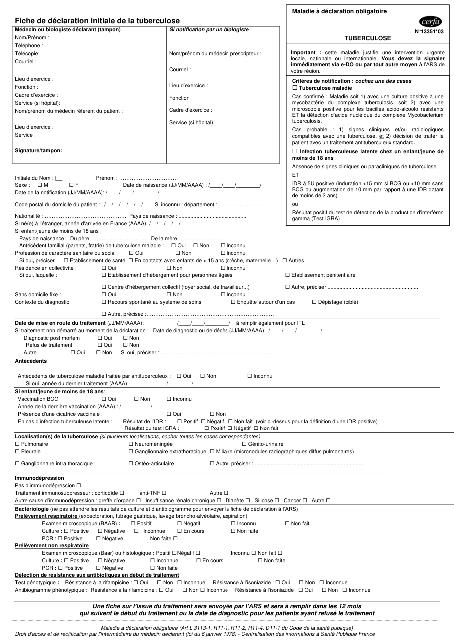 Page 1 du formulaire cerfa 13351 — Fiche de déclaration initiale de la tuberculose
