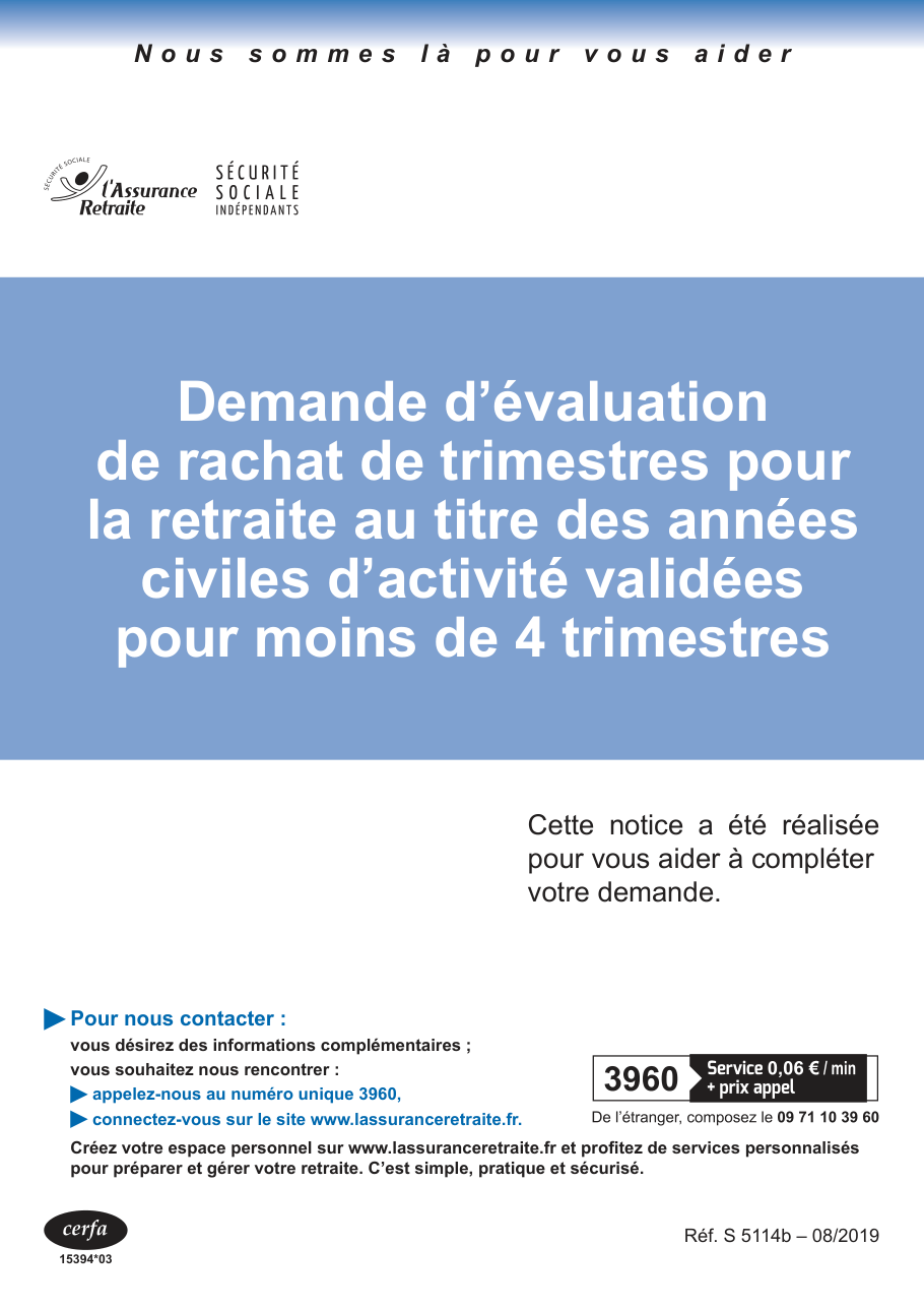 Page 1 du formulaire cerfa 13364 — Demande d'évaluation de rachat de trimestres pour la retraite au titre des années civiles d'activité validées