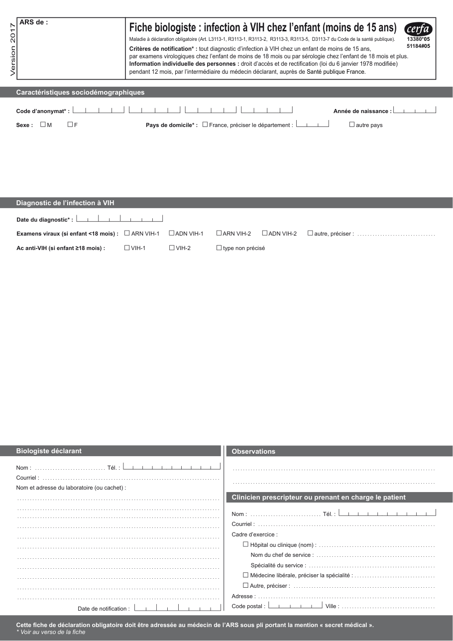 Page 1 du formulaire cerfa 13380 — Fiche biologiste : infection à VIH chez l'enfant (moins de 15 ans)