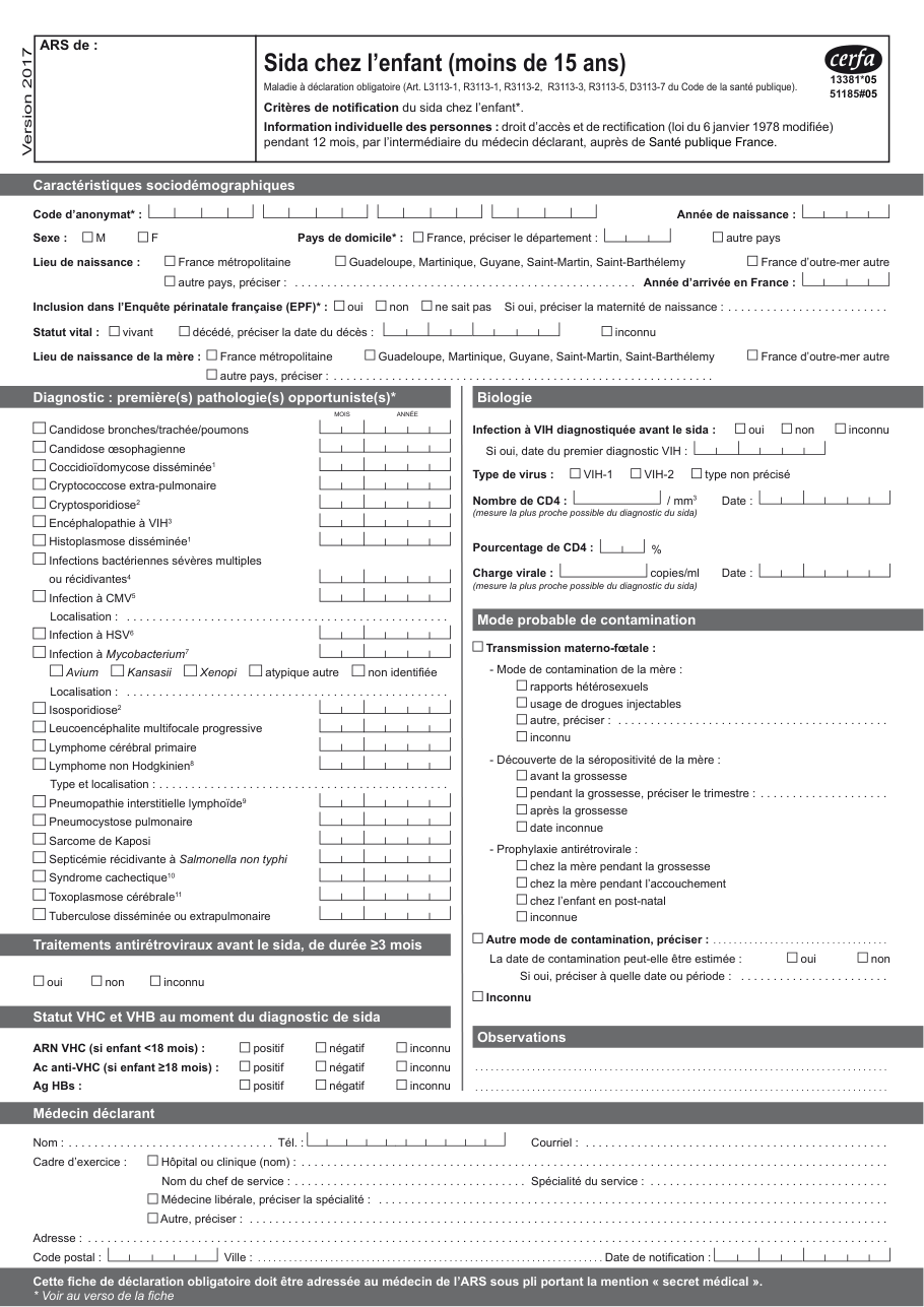 Page 1 du formulaire cerfa 13381 — Sida chez l’enfant (moins de 15 ans)