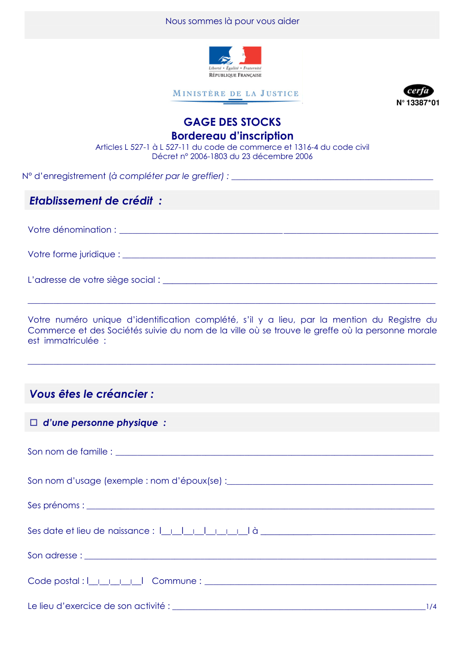 Page 1 du formulaire cerfa 13387 — Inscrire un gage sur les stocks d'un débiteur