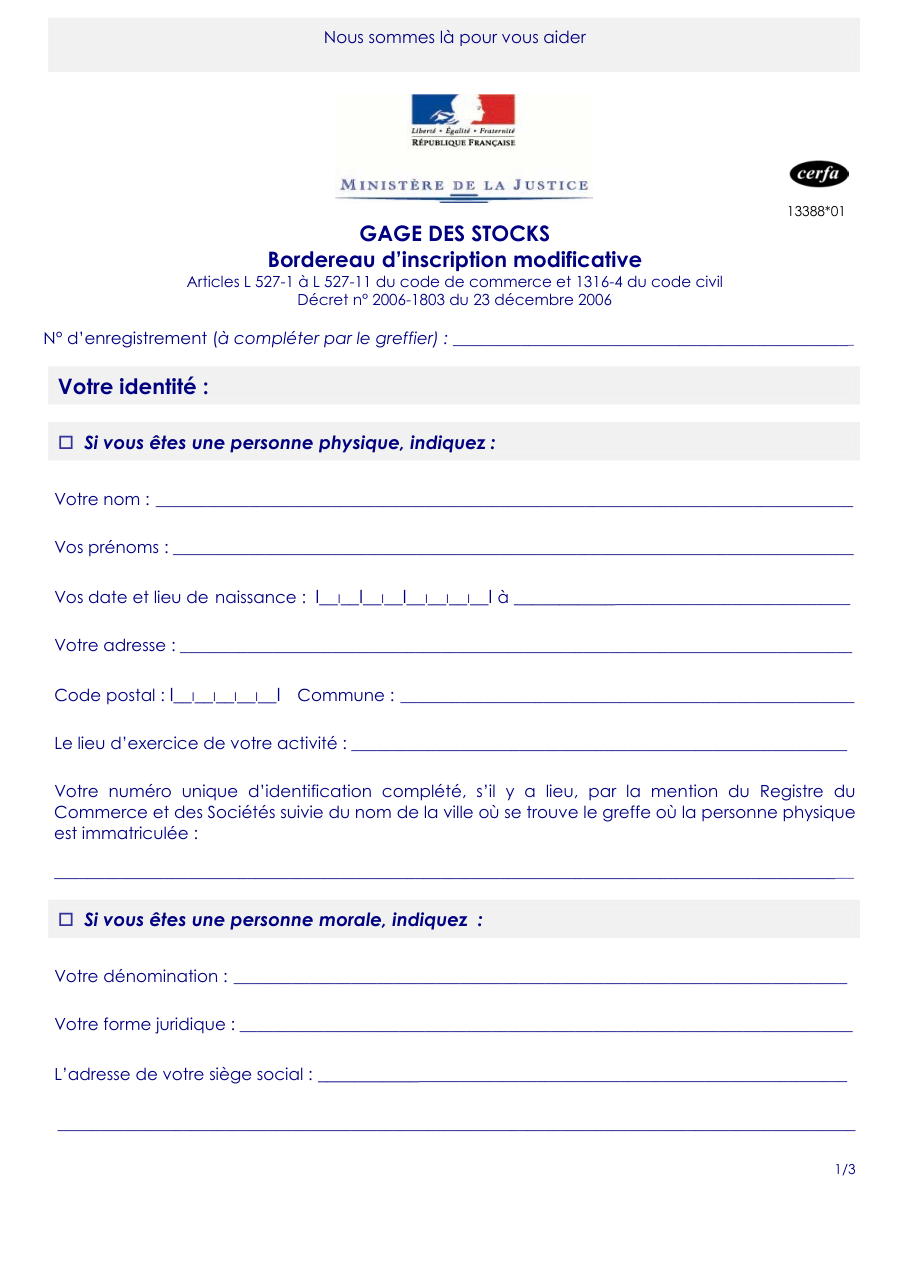 Page 1 du formulaire cerfa 13388 — Gage des stocks - bordereau d'inscription modificative
