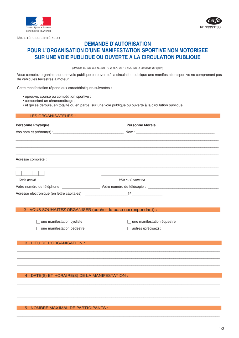 Page 1 du formulaire cerfa 13391 — Demande d'autorisation pour l'organisation d'une manifestation sportive non motorisée sur une voie publique ou ouverte à la circulation publique