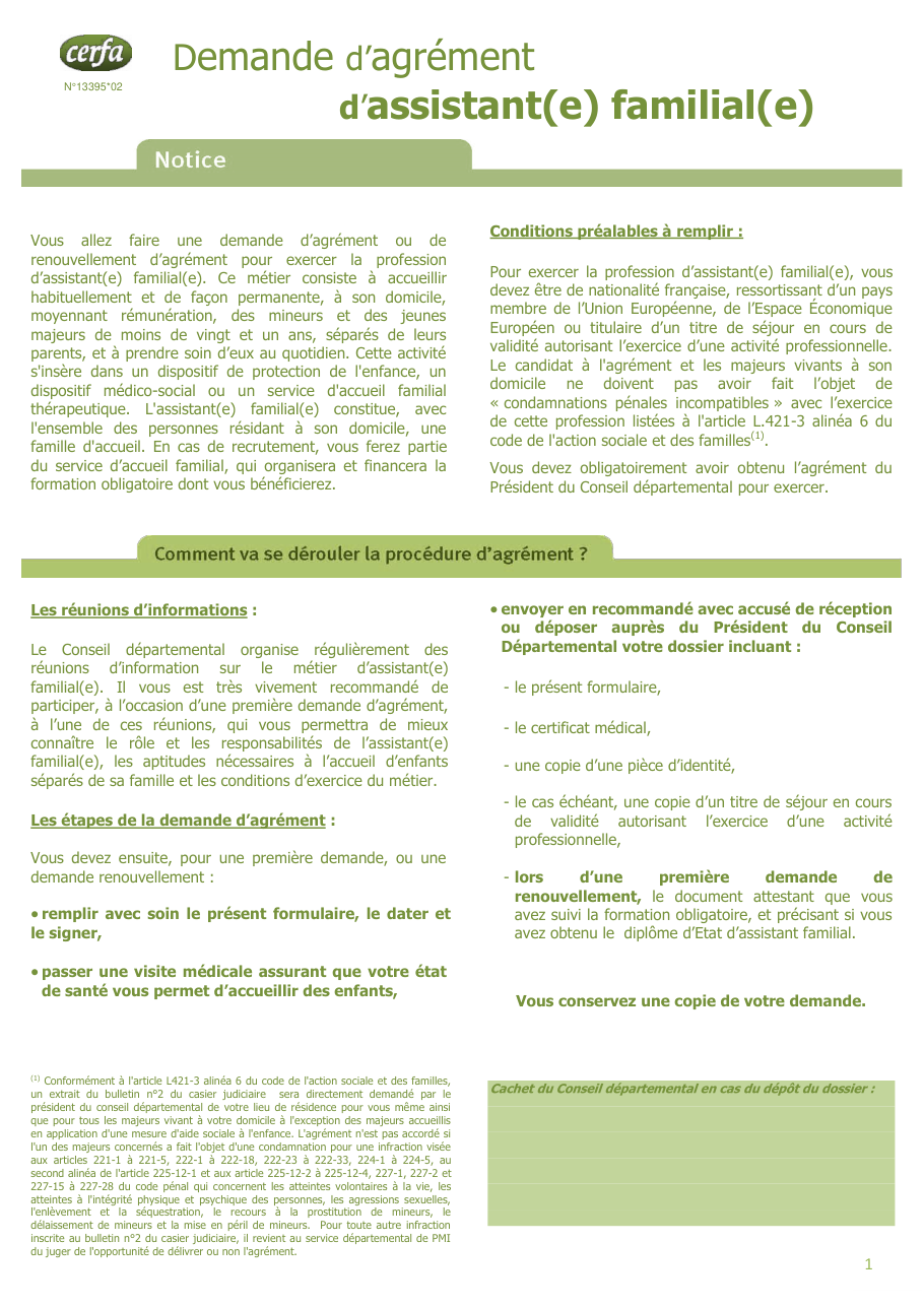 Page 1 du formulaire cerfa 13395 — Demande d'agrément d'assistant(e) familial(e)