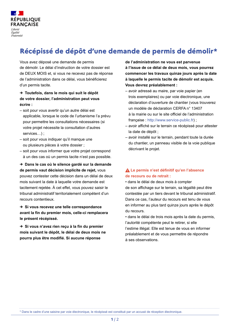 Page 1 du formulaire cerfa 13405 — Demander un permis de démolir tout ou partie d'un bâtiment, sans nouvelle construction