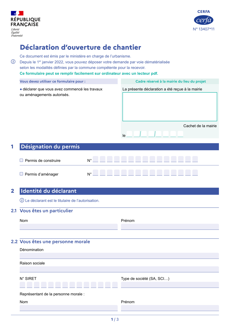 Page 1 du formulaire cerfa 13407 — Déclaration d’ouverture de chantier