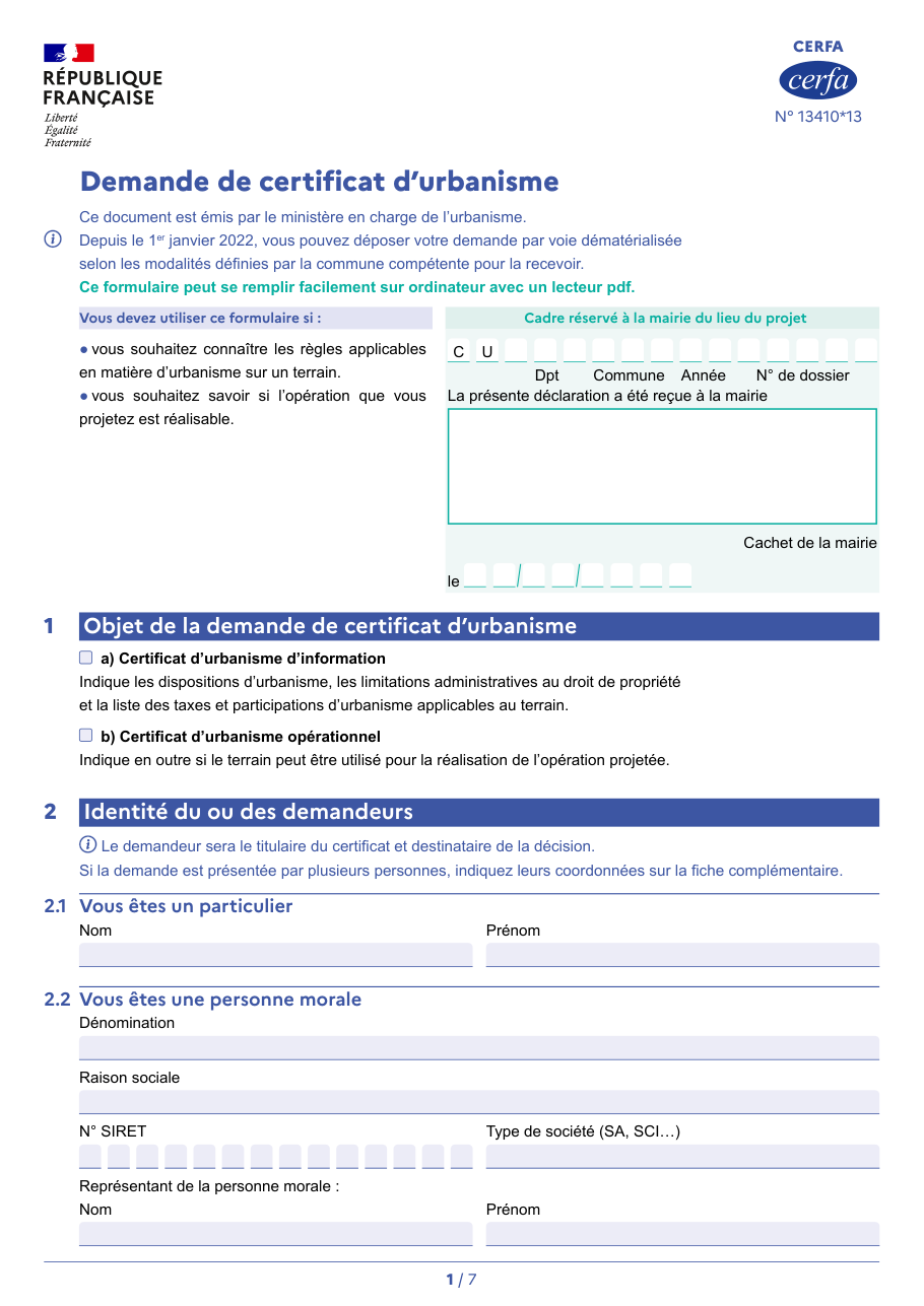 Page 1 du formulaire cerfa 13410 — Demande de certificat d'urbanisme