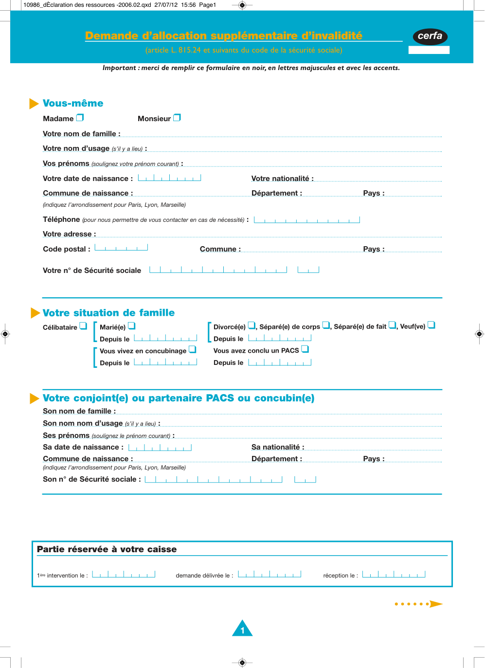 Page 1 du formulaire cerfa 13435 — Demande d’allocation supplémentaire d’invalidité