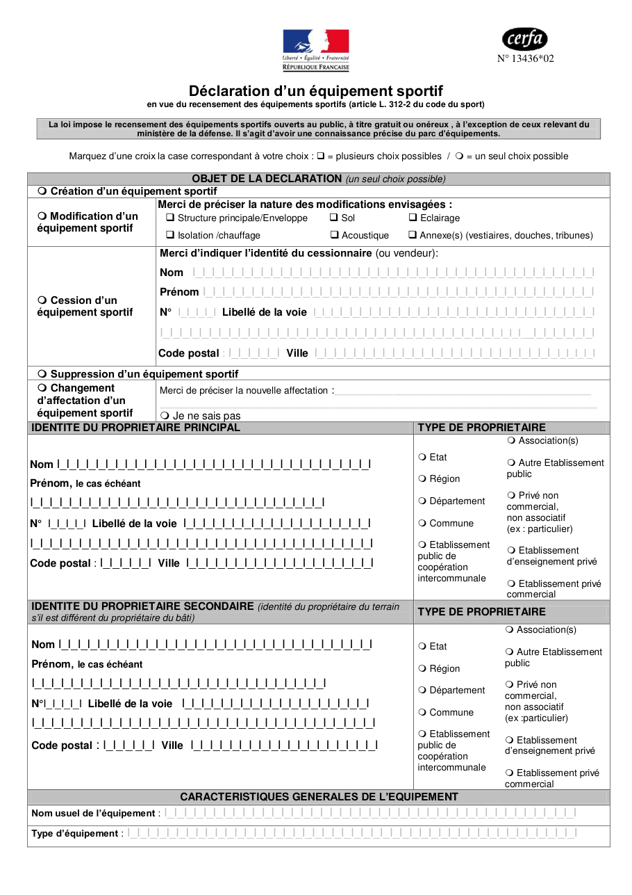 Page 1 du formulaire cerfa 13436 — Déclarer un équipement sportif pour le recensement