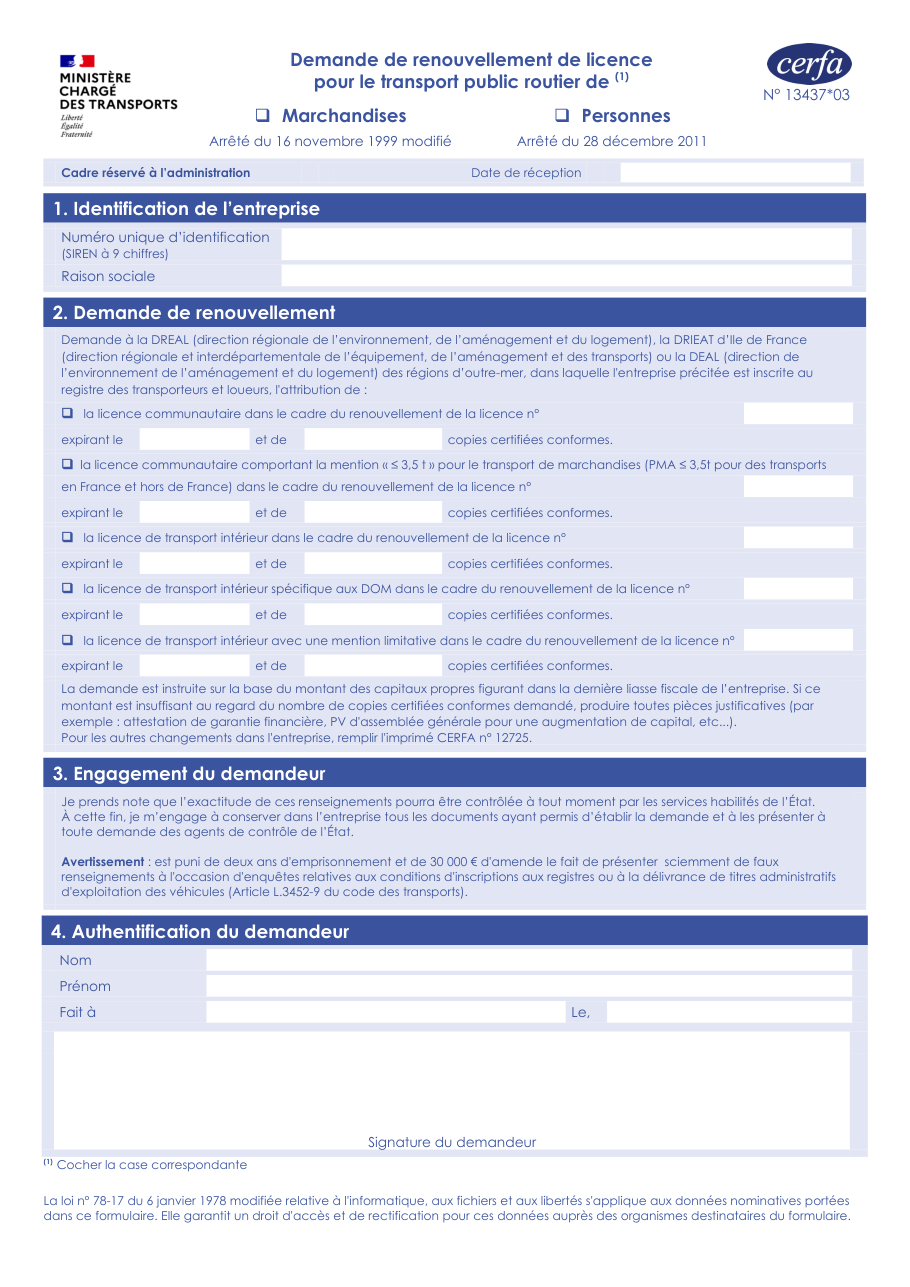 Page 1 du formulaire cerfa 13437 — Demande de renouvellement de licence pour le transport public routier