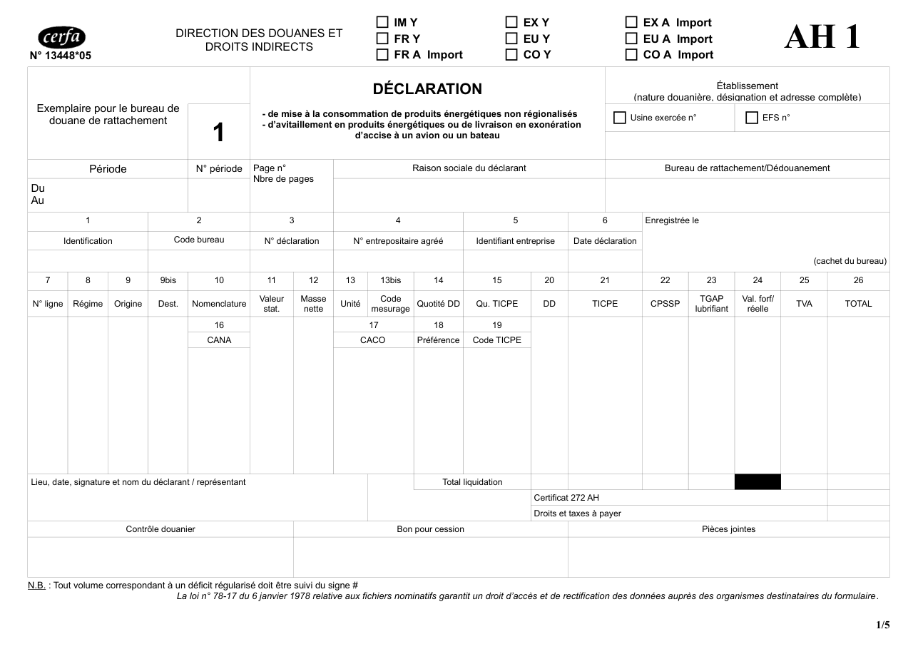 Page 1 du formulaire cerfa 13448 — Déclaration de mise à la consommation, d'avitaillement ou de livraison en exonération