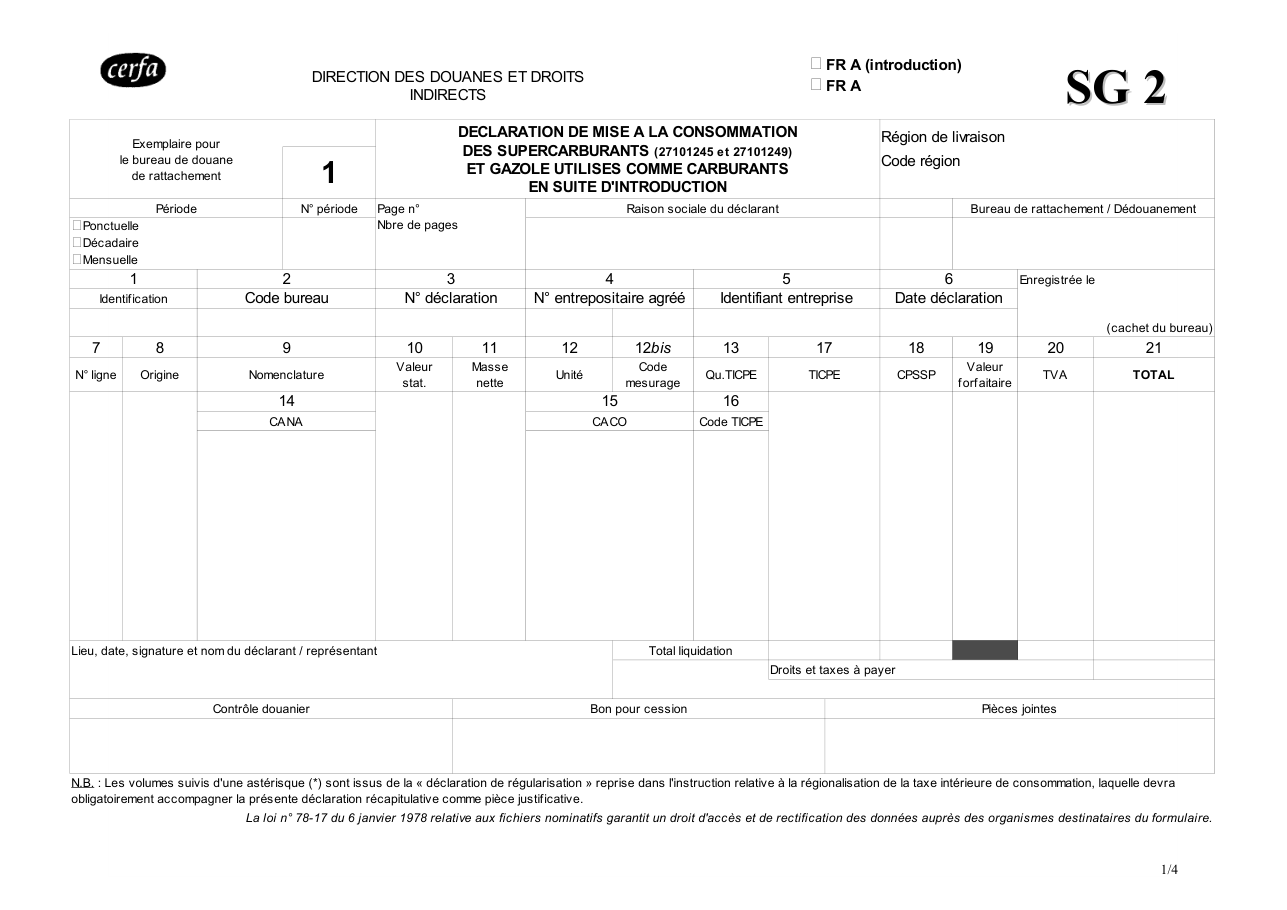 Page 1 du formulaire cerfa 13451 — Formulaire SG2 de mise à la consommation des supercarburants et du gazole utilisés comme carburant en suite d'introduction
