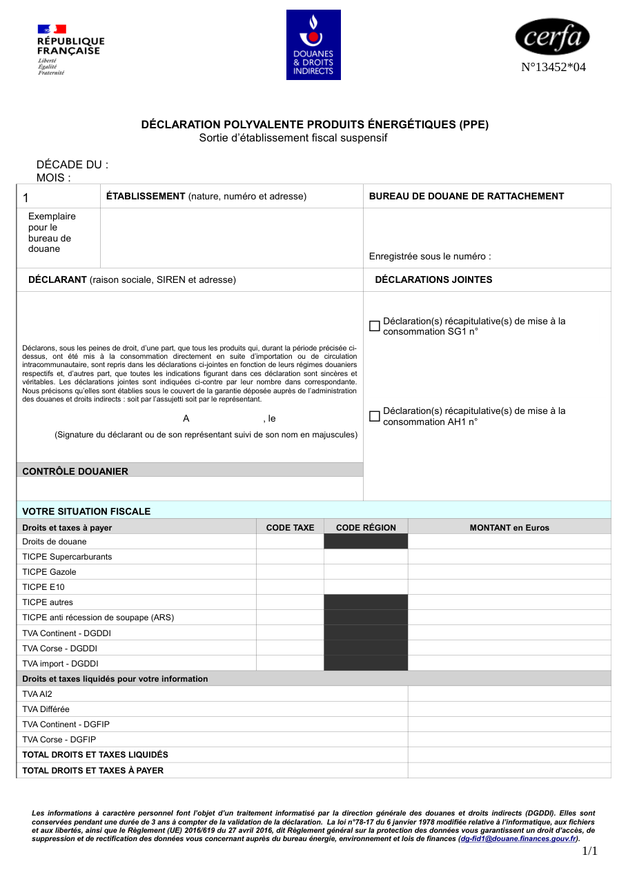 Page 1 du formulaire cerfa 13452 — Déclaration polyvalente produits énergétiques (PPE) — sortie d'établissement fiscal suspensif