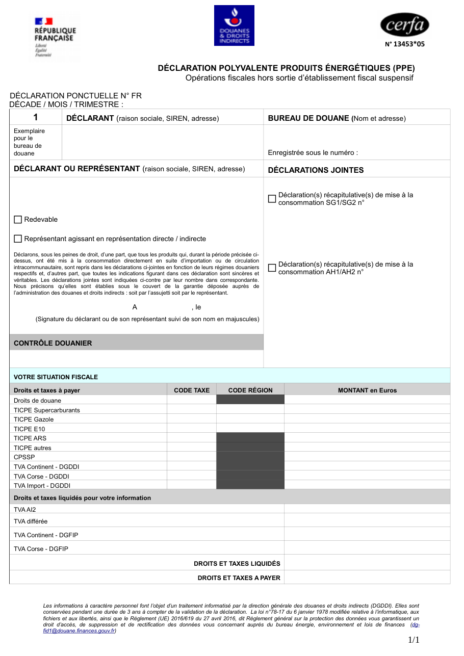 Page 1 du formulaire cerfa 13453 — Déclaration polyvalente produits énergétiques (PPE), opérations fiscales hors sortie
