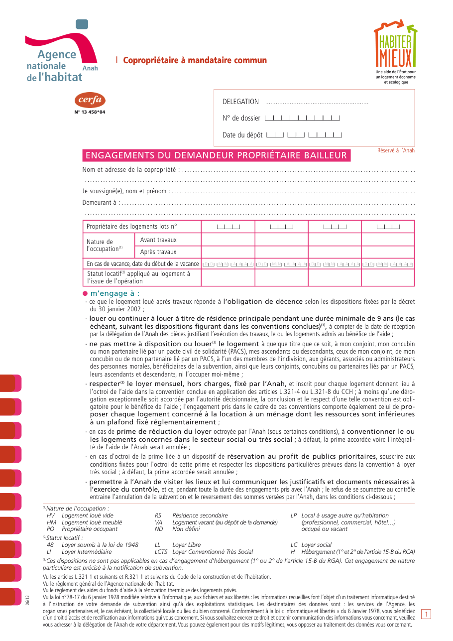 Page 1 du formulaire cerfa 13458 — Engagements du propriétaire bailleur