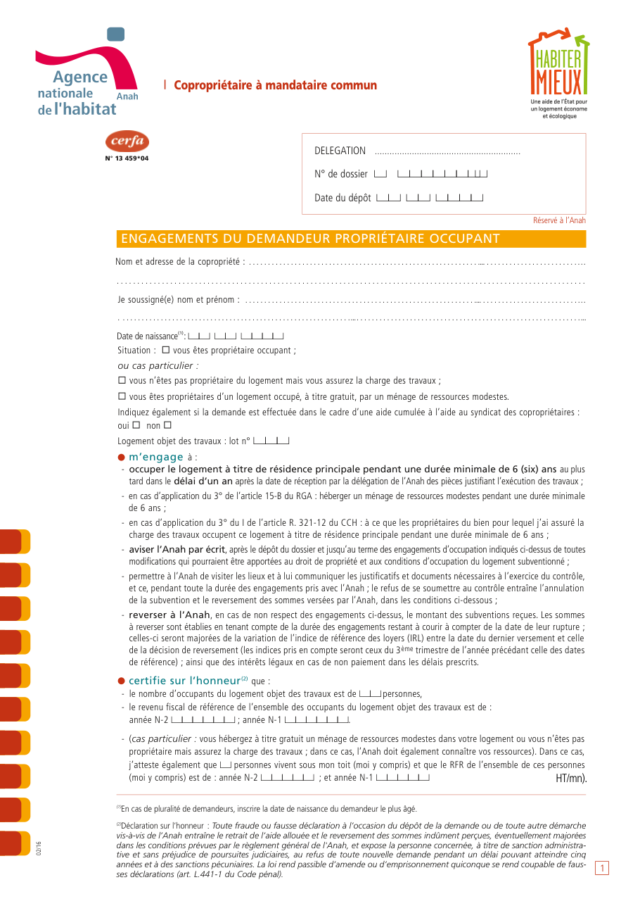 Page 1 du formulaire cerfa 13459 — Engagements du propriétaire occupant