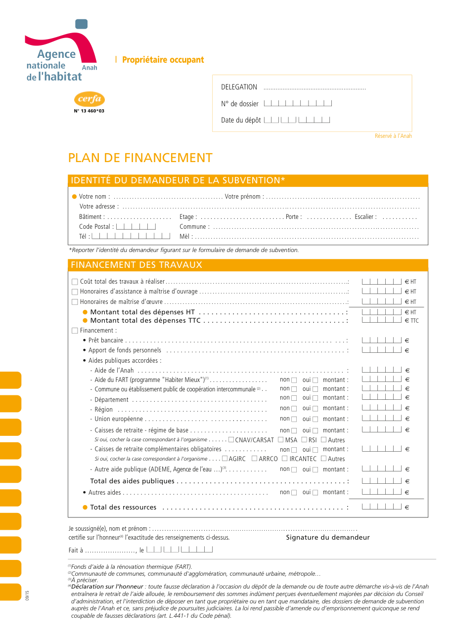 Page 1 du formulaire cerfa 13460 — Plan de financement pour une demande de subvention de l'Anah