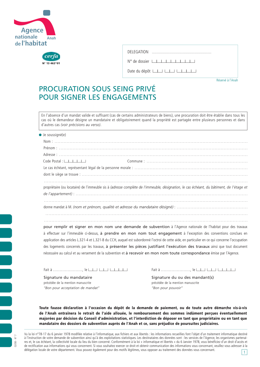 Page 1 du formulaire cerfa 13462 — Procuration sous seing privé pour signer les engagements