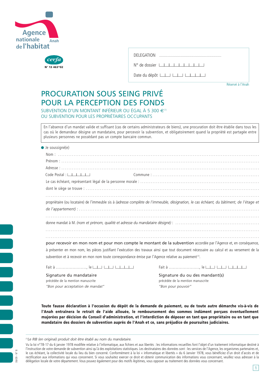 Page 1 du formulaire cerfa 13463 — Procuration pour la perception des fonds