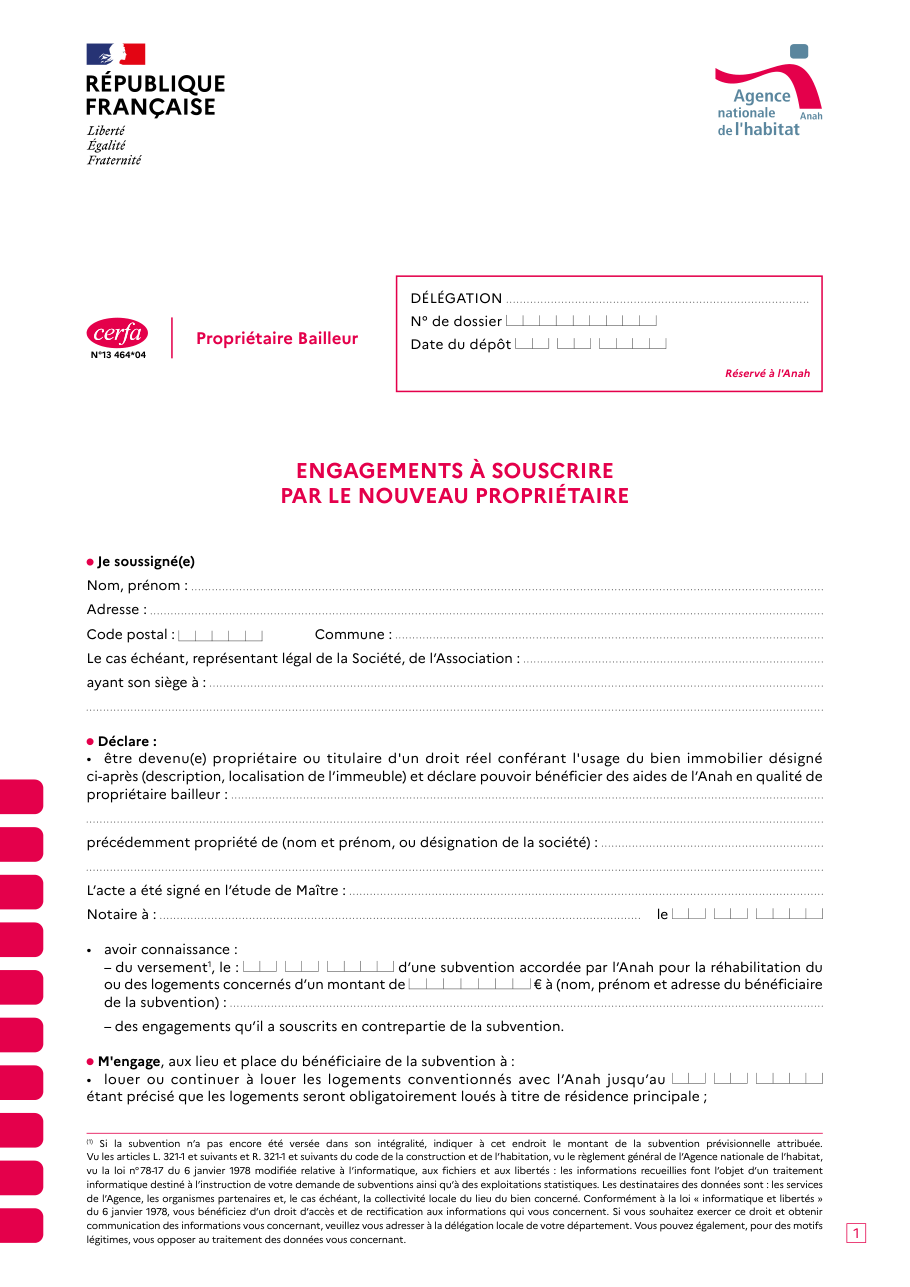 Page 1 du formulaire cerfa 13464 — Engagements du nouveau propriétaire