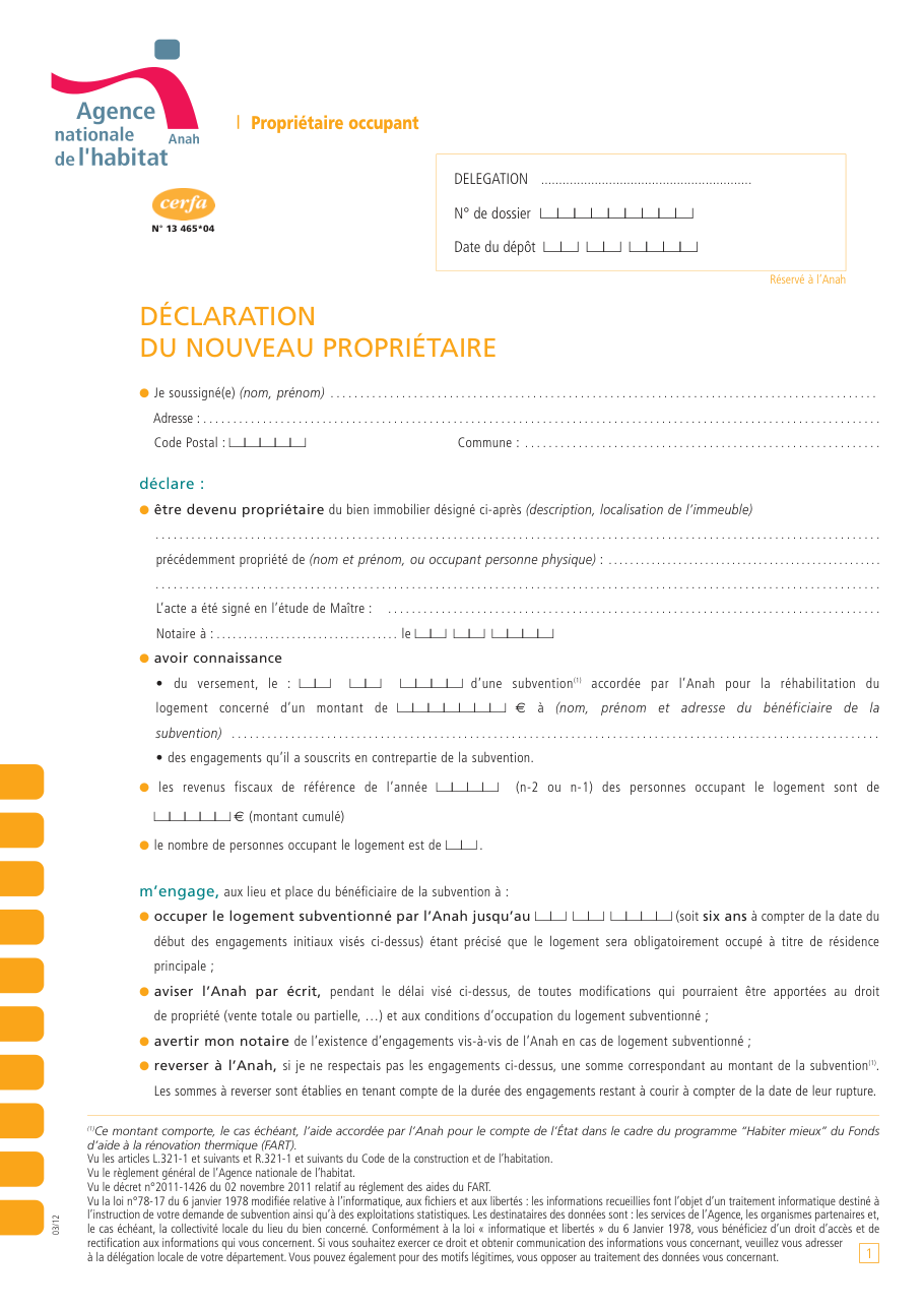 Page 1 du formulaire cerfa 13465 — Déclaration du nouveau propriétaire
