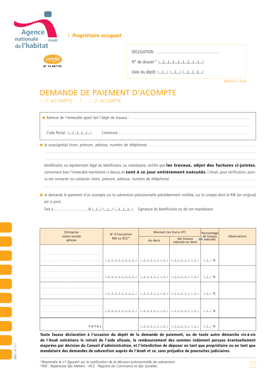 Page 1 du formulaire cerfa 13467 — Demande de paiement d'acompte