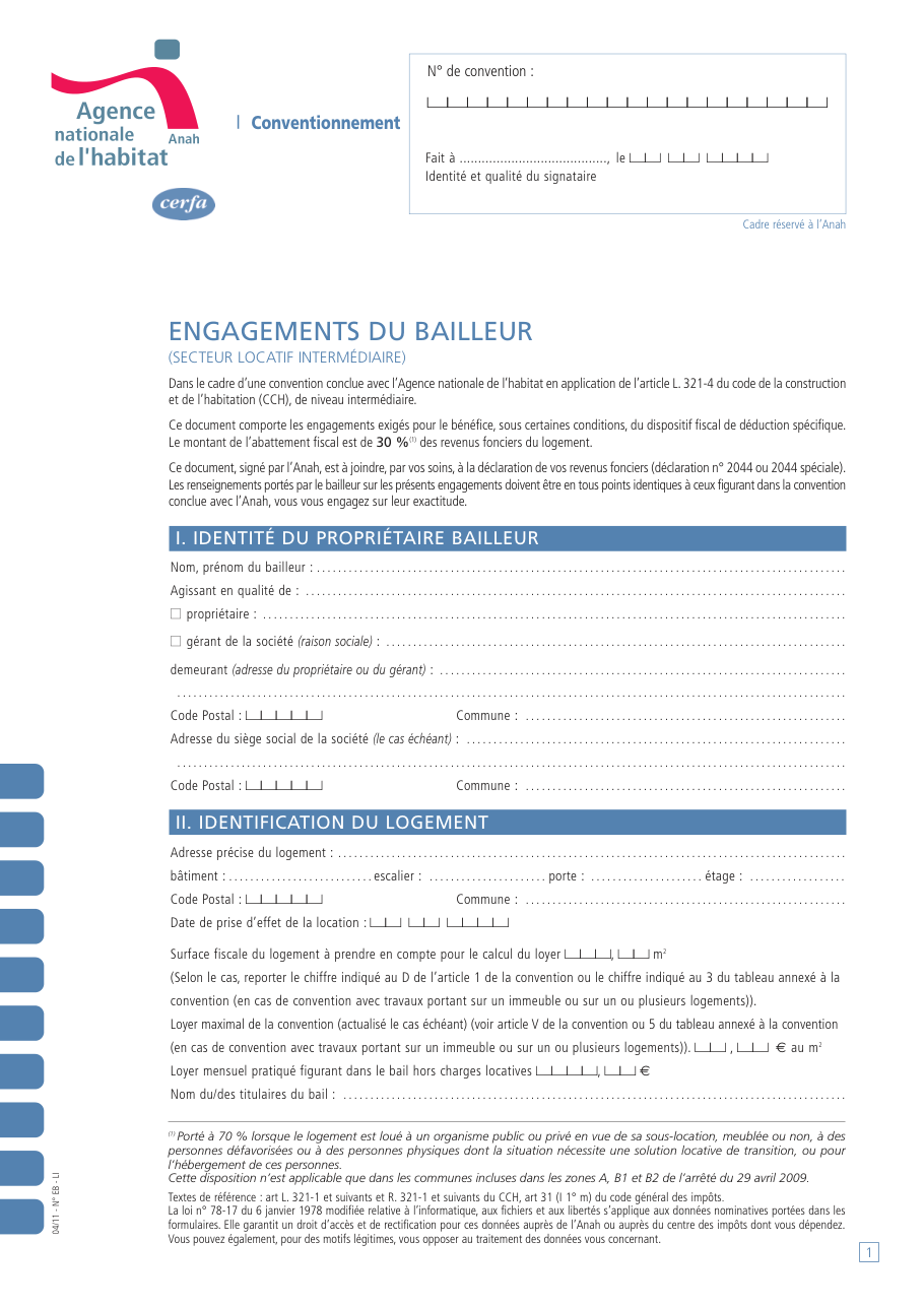 Page 1 du formulaire cerfa 13469 — Engagements du bailleur (secteur locatif intermédiaire)