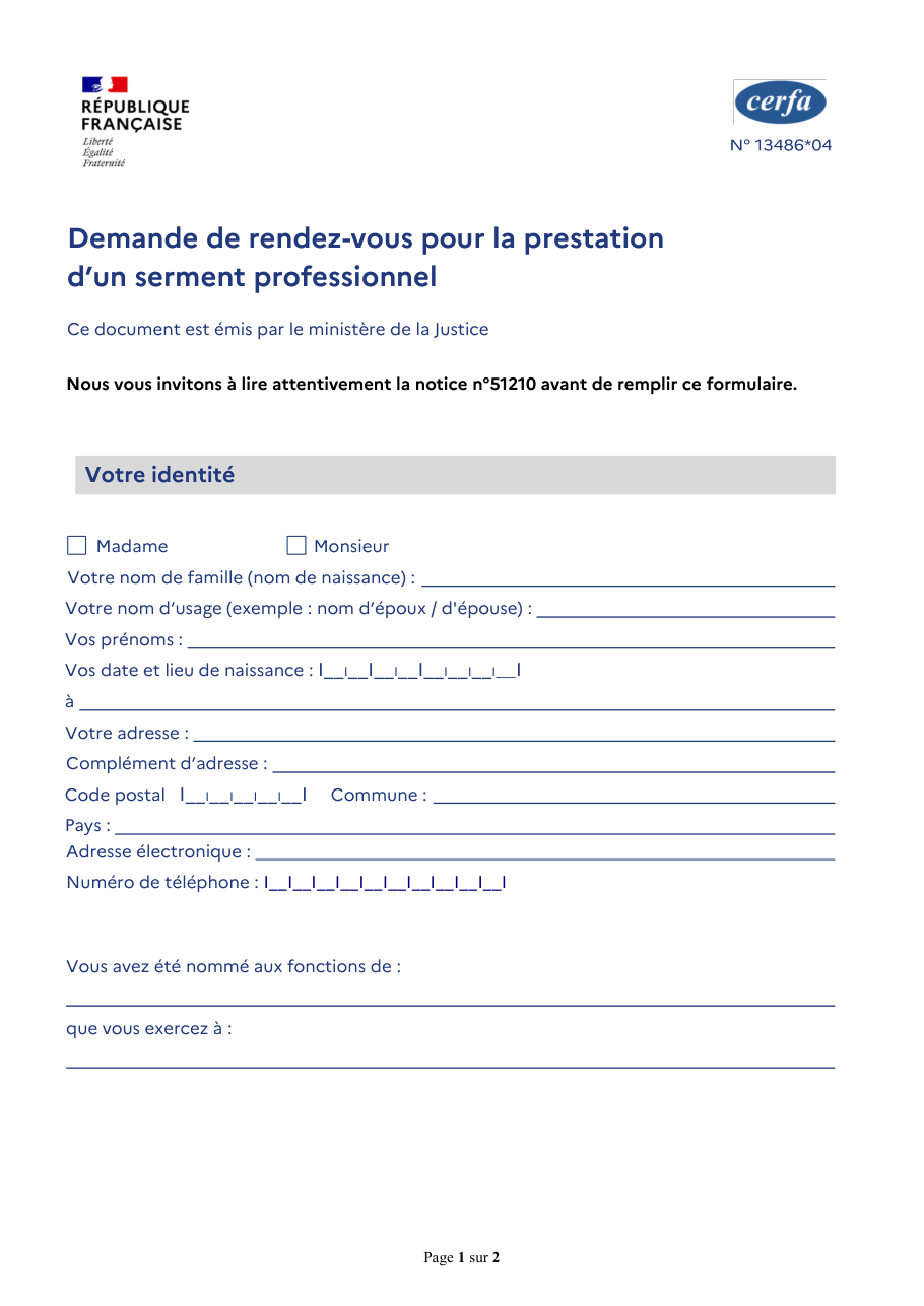 Page 1 du formulaire cerfa 13486 — Demande de rendez-vous pour la prestation d'un serment professionnel