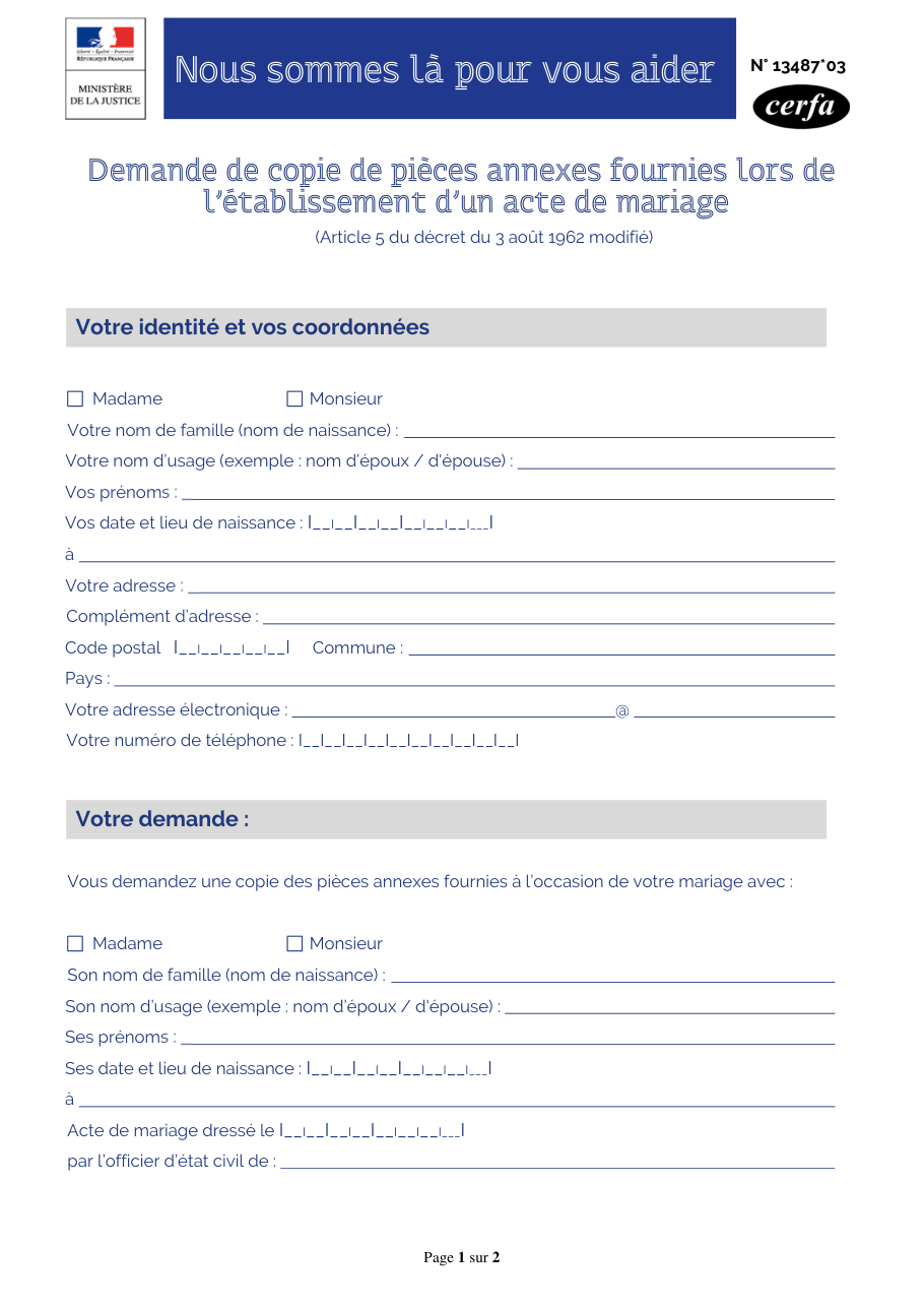 Page 1 du formulaire cerfa 13487 — Demande de copie de pièces annexes fournies lors de l’établissement d’un acte de mariage