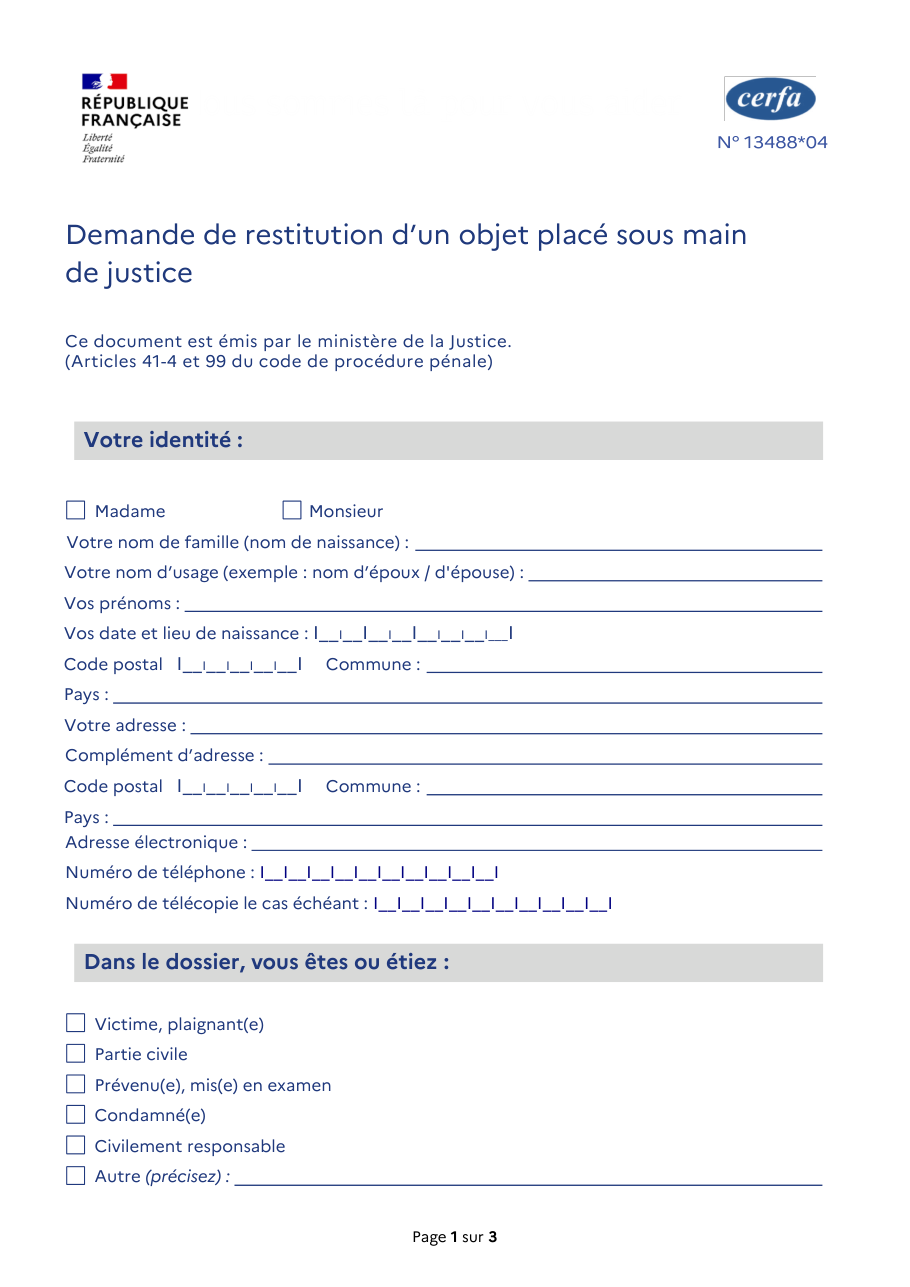 Page 1 du formulaire cerfa 13488 — Demande de restitution d’un objet placé sous main de justice