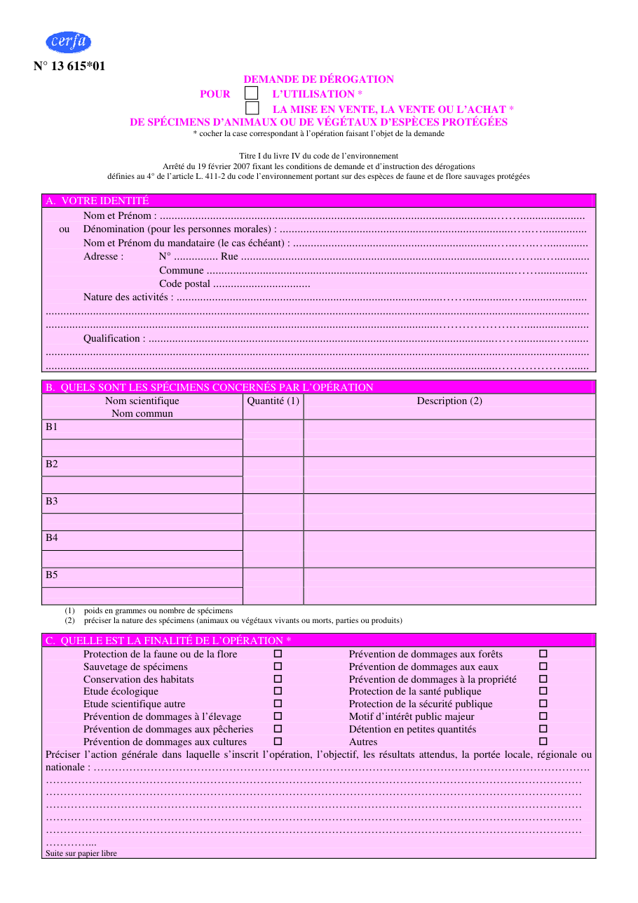 Page 1 du formulaire cerfa 13615 — Demande de dérogation pour l'utilisation, la mise en vente, la vente ou l'achat