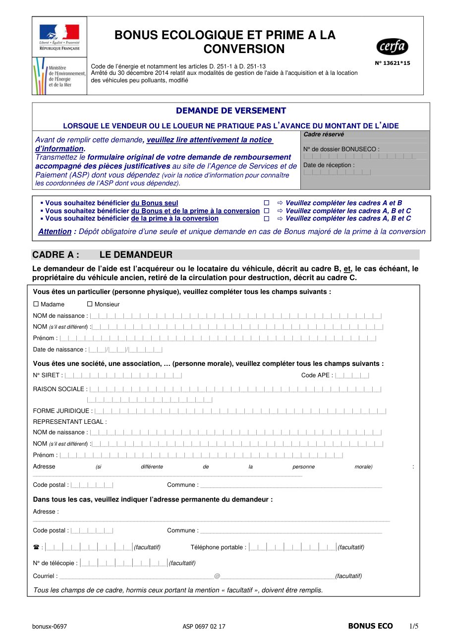 Page 1 du formulaire cerfa 13621 — Bonus écologique et prime à la conversion